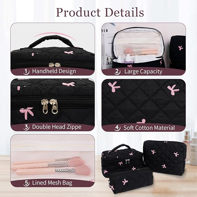 3Pcs Cotton Quilted Makeup Bag Set,Large Floral Cosmetic Bag,Aesthetic Toiletry Travel Makeup Bag Set and Cute Flower Bag for Women Girls (Black Pink Bow)