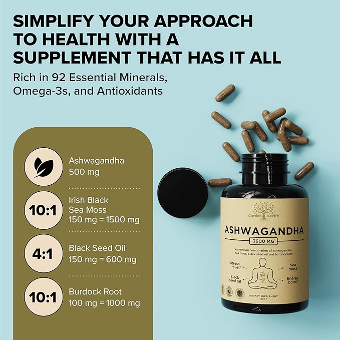 Organic Ashwagandha Root & Irish Sea Moss – 3,600 mg Ashwagandha Supplement with Black Seed Oil, & Burdock Root – Herbal Supplement for Energy, Calm, Mood, & Wellness, 120 Caps