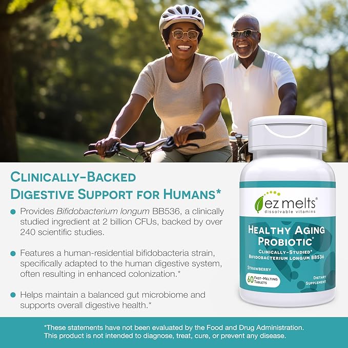 EZ Melts Dissolvable Healthy Aging Probiotic, Bifidobacterium Longum BB536 (2 Billion CFU), Sugar-Free, Probiotics for Women & Men 50+, 2-Month Supply