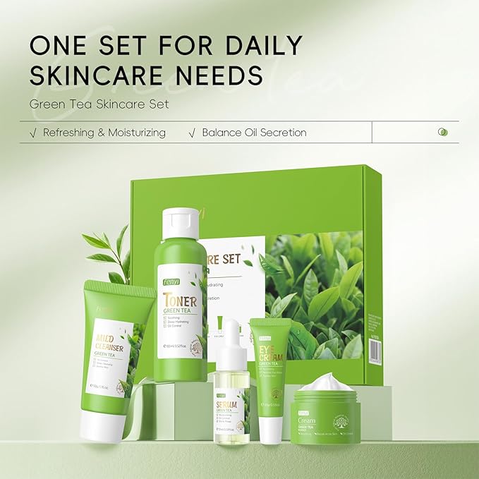 Green Tea Skincare Set For Women & Girls, Green Tea Skin Care Set With Cleanser,Toner,Eye Cream,Face Cream,Serum, Beauty Gifts For Women Girls, Skin Care For Teens 10-12