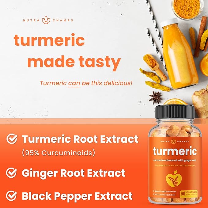 Turmeric Gummies for Adults & Kids with Ginger & Black Pepper Extract | 95% Curcuminoids | Vegan Natural Curcumin Joint Support Supplement | Tumeric Gummy Supplements