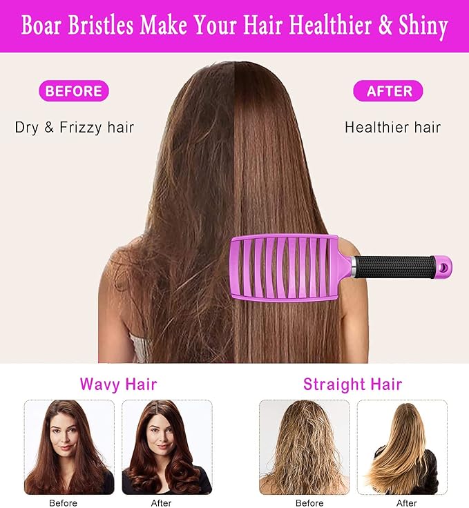 Detangling Brush Boar Bristle Hairbrush for Adult & Kids Wet or Dry Hair - KTKUDY Detangler Hair brush Getting Knots Out without Pain - Adds Shine and Makes Hair Healthier Purple - black handle