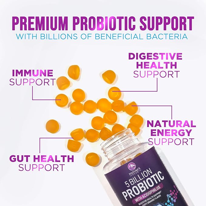 Probiotic Gummies for Women, Men & Teens - 5 Billion CFUs, 6 Probiotic Strains, Orange Flavor - Daily Probiotic Gummy Supplements for Natural Digestive Health, “Good” Gut & Immune Support - 120 Count