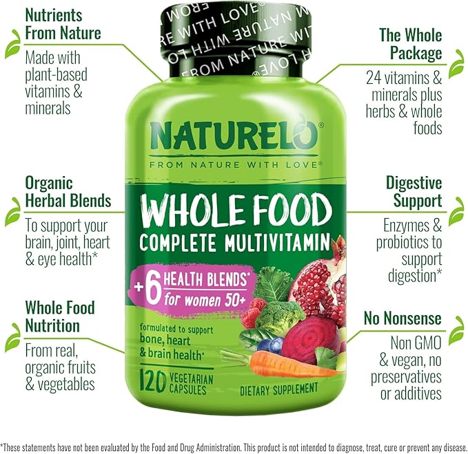NATURELO Whole Food Multivitamin for Women 50+ (Iron Free) with Vitamins, Minerals, & Organic Extracts - Supplement for Post Menopausal Women Over 50 - No GMO - 120 Vegan Capsules