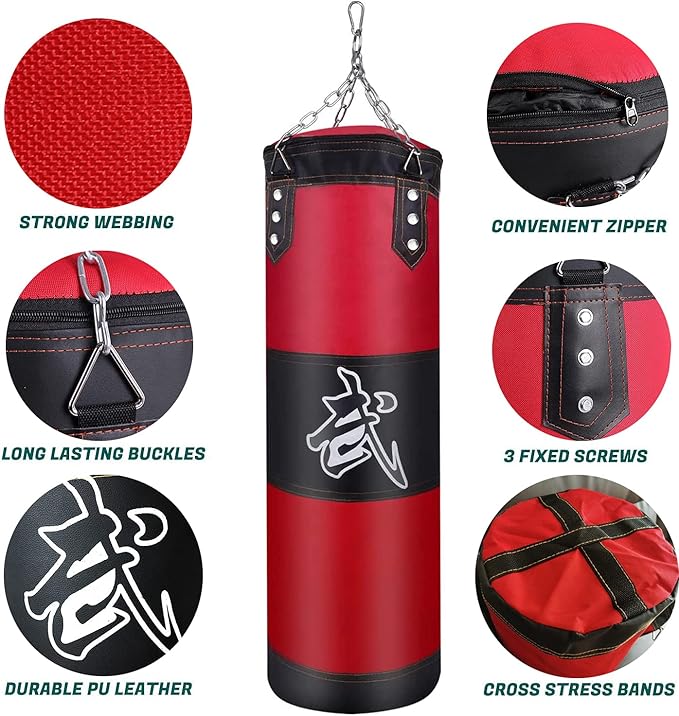 Hanging Punching Bag Set Unfilled, Heavy Boxing Bags Kickboxing Bag for Adults Kids, Youth Boxing Set with Hand Wraps, Punching Bag Hangers, for MMA Muay Thai Karate Taekwondo Training