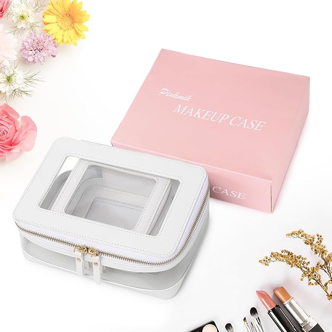 Clear Makeup Bag with Zipper Waterproof Travel Makeup Set for Cosmetics and Toiletries Women's Purse Organizer and Car Essentials (White, M+MINI)