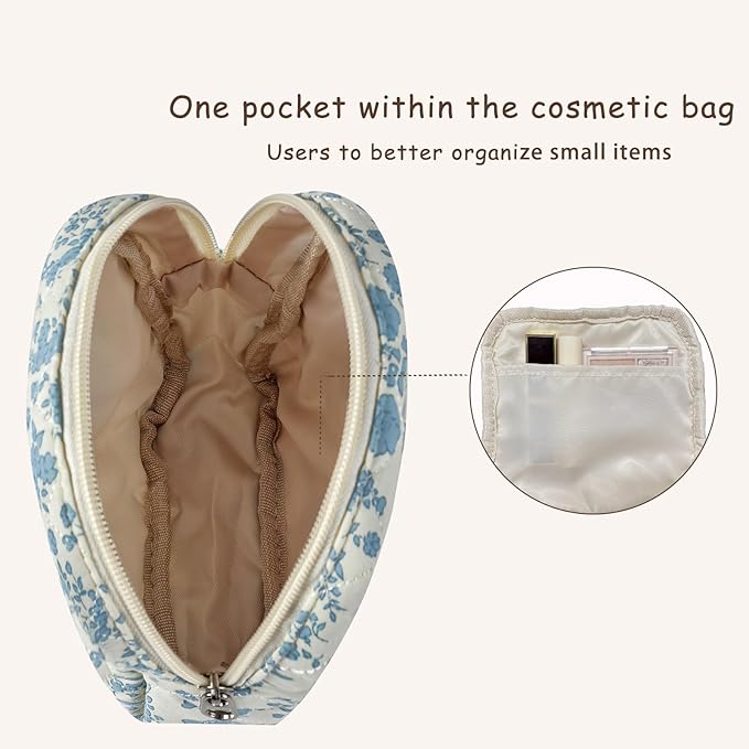 Small Quilted Cotton Makeup Bag for Purse, Cosmetic Bag with Compartments, Cotton Aesthetic Makeup Bag, Travel Toiletry Pouch, Key Pocket Lipstick Bag Card Holder Data Cable Organizer(07Cherry)