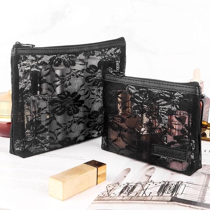 fashion portable cosmetic bag,Visible large capacity Nylon storage bag, for Business Travel bath, Unisex (black 3pcs set) (purpose made lace zippered cosmetic bag)