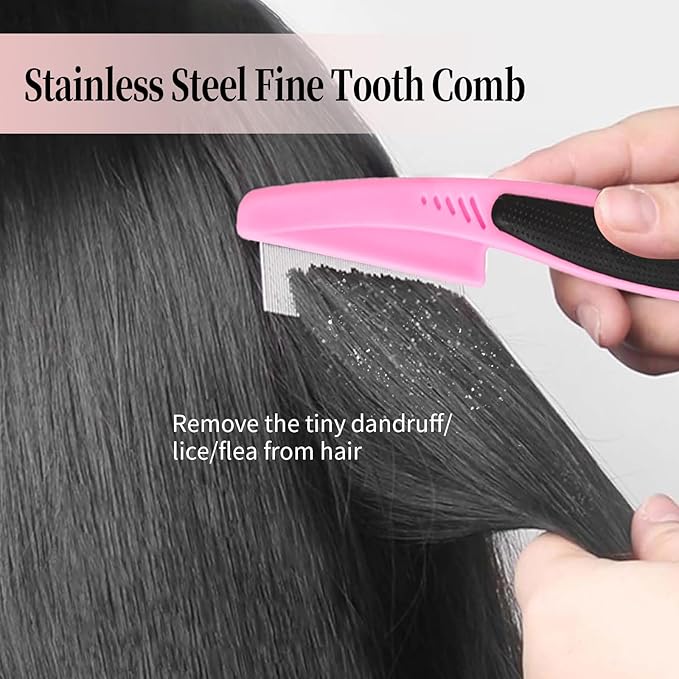 Dandruff Comb, Stainless Steel Fine Tooth Lice/Flea/Psoriasis Comb, Scalp Oil Buildup Removal Wide Hollow Tooth Button Hairbrush for Scalp Massage Care for Man Women and Kids (Pink)