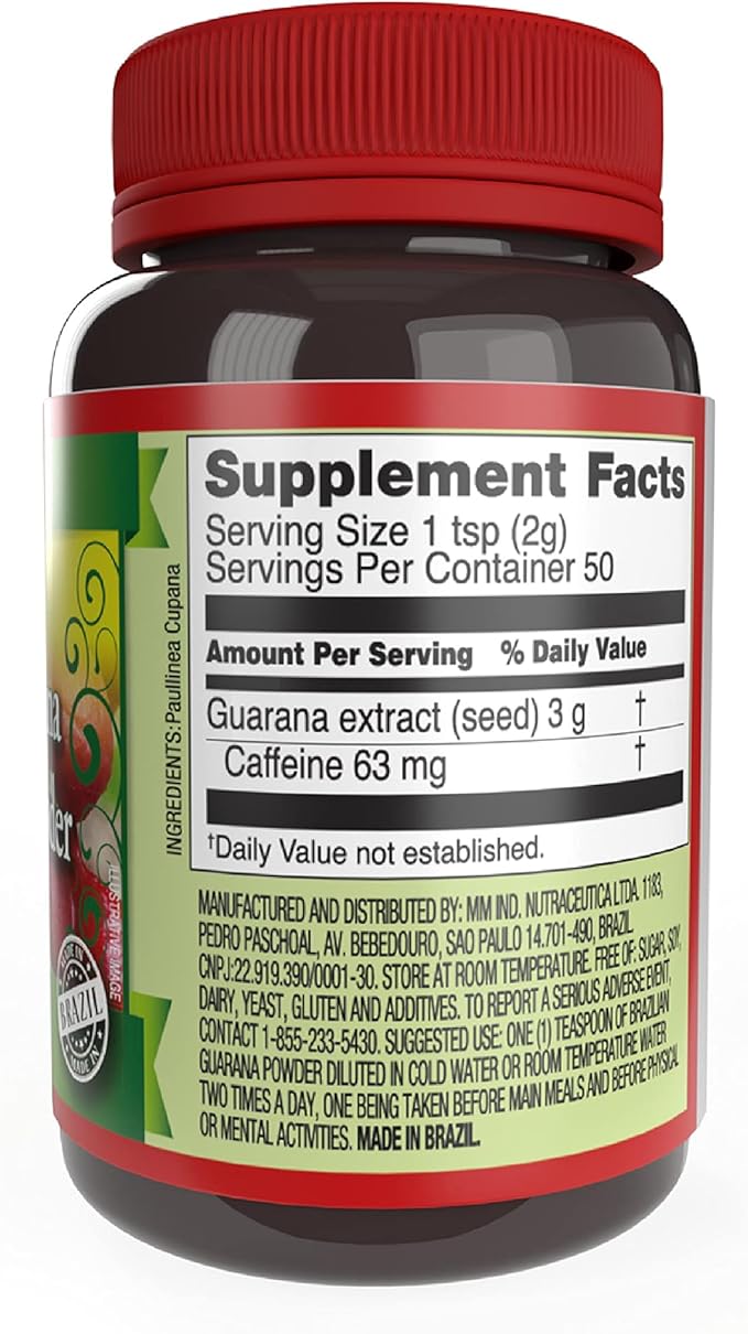 Beelife Brazilian Guarana Powder - Natural Caffeine Supplements from Brazil - Energy & Mental Focus, Muscle Strength Support - Zero Gluten, No Sugar Vegan Pre Workout for Men & Women - 100g