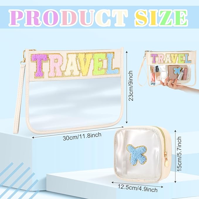 Hillban 2 Pcs Clear Travel Bags Chenille Letter Makeup Cosmetic Toiletry Bags Weekend Gifts Preppy Patch Zipper Pouch for Travel Waterproof Flat Portable Storage Purse for Women