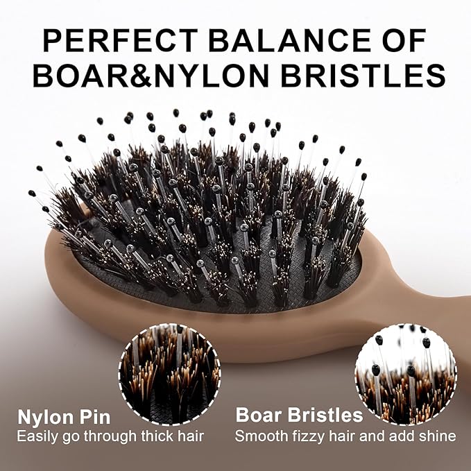 Mini Boar Bristles Hair Bursh, Travel Size Hair Brush for Women Men Kids, Protable Small Hair Brush for Pockets Purses, Mini Detangler Brush for Smooth Add Shine (1 Pack-Mocha)