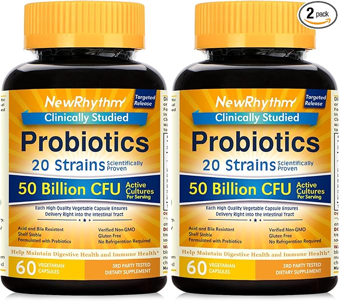 NewRhythm Probiotics 50 Billion CFU 20 Strains, 120 Veggie Capsules, Targeted Release Technology, Stomach Acid Resistant, No Need for Refrigeration, Non-GMO, Gluten Free