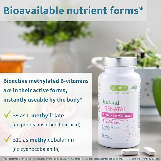 Methylated Prenatal Multivitamin, Folate for MTHFR, High Absorption, Clean Label, Gentle Iron, Choline, Natural Calcium & Magnesium, Vegan Vitamins for Pregnancy, 6 x 60 Tablets, by Igennus