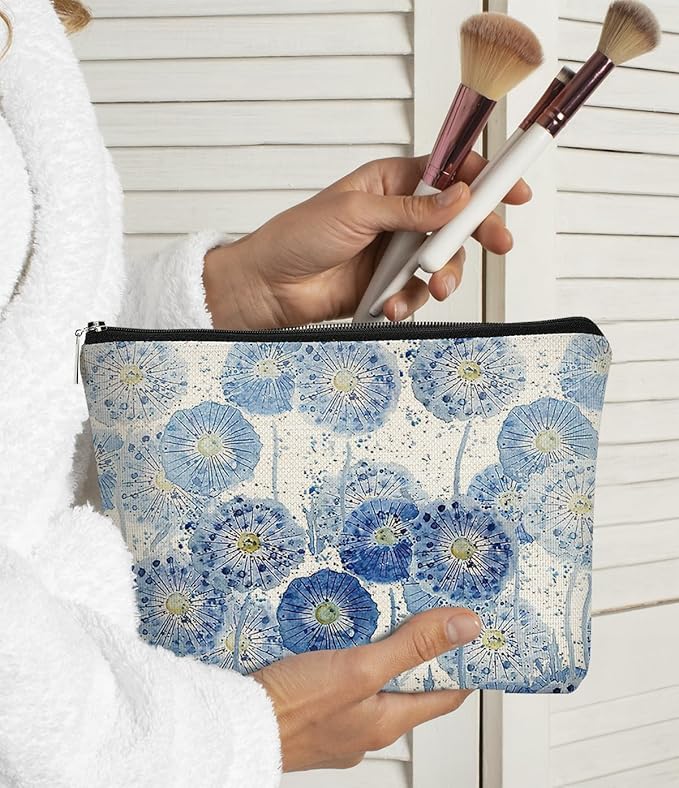 Cottagecore Floral Makeup Organizer - Indigo Watercolor Dandelion, Aesthetic Flower Makeup Bag for Women & Girls