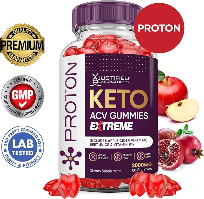 Proton Protein Keto ACV Gummies Extreme 2000MG Proton Keto Gummies Apple Cider Vinegar Formulated with Pomegranate Beet Juice Powder B12 Vegan Non GMO 60 Gummys