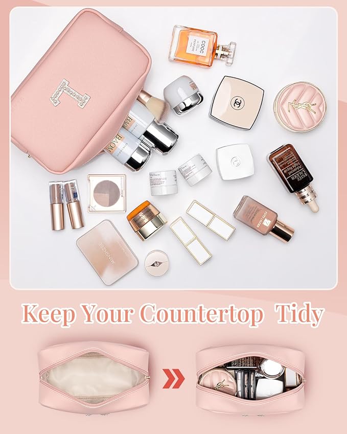 Vlando Unique Pink Makeup Bag Travel Toiletry Bag Skincare Bag Gifts Ideas for Women Birthday Gifts for Girl Sister Pearl Makeup Pouch Makeup Storage Bag R