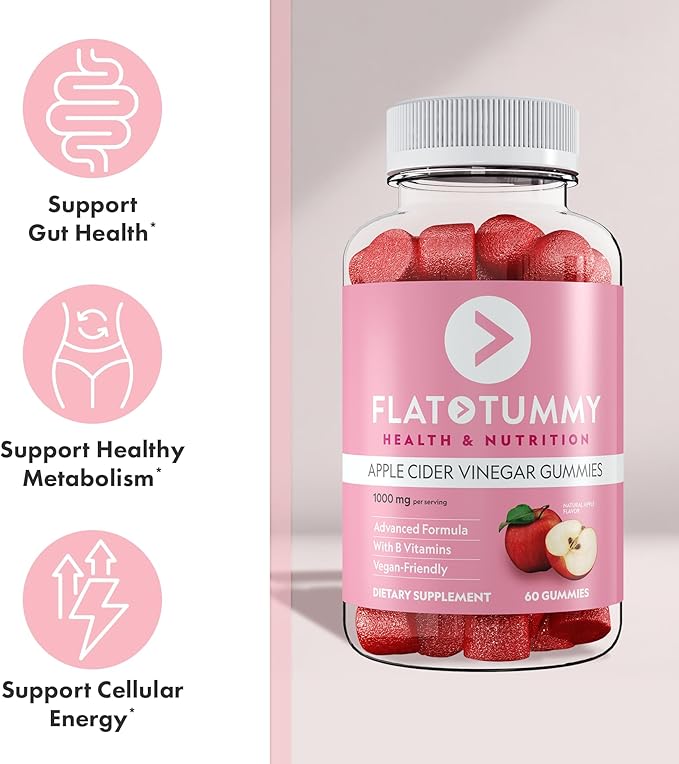 Flat Tummy Apple Cider Vinegar Gummies, 60 Count – ACV Gummies, Detox, Support Gut Health – Vegan-Friendly, Non-GMO - Beet and Pomegranate Superfood Powders, Vitamins B6, B9 & B12