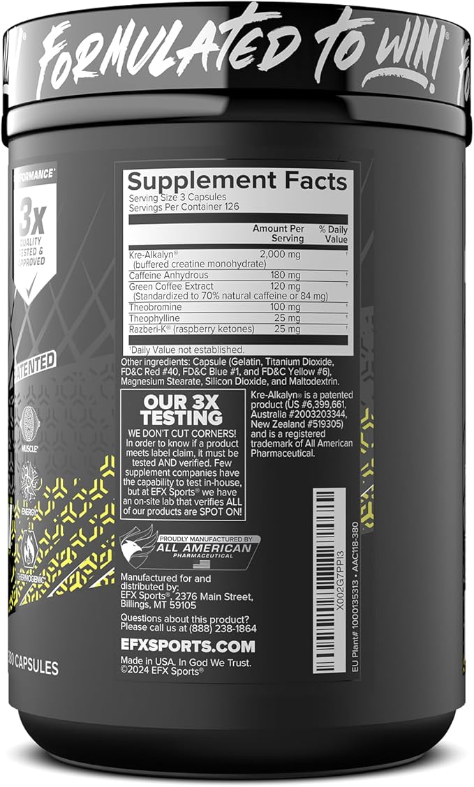 EFX Sports Kre-Alkalyn Hardcore | Thermogenic pH Correct Creatine Monohydrate Pill Supplement | Energy & Strength Pre Workout | 126 Servings, 380 Capsules