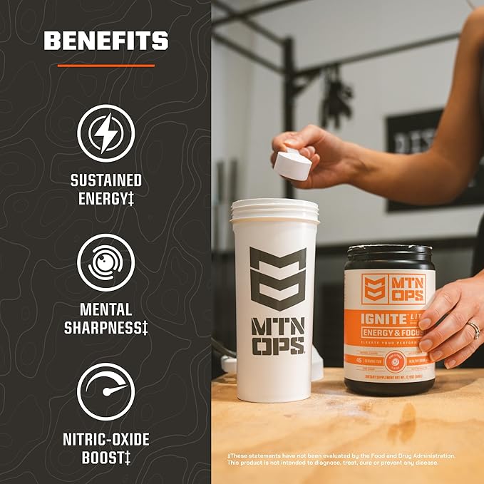 MTN OPS Ignite Lite Supercharged Energy Drink Mix - 100mg Caffeine, 45-Serving Tub, Pink Citrus Flavor