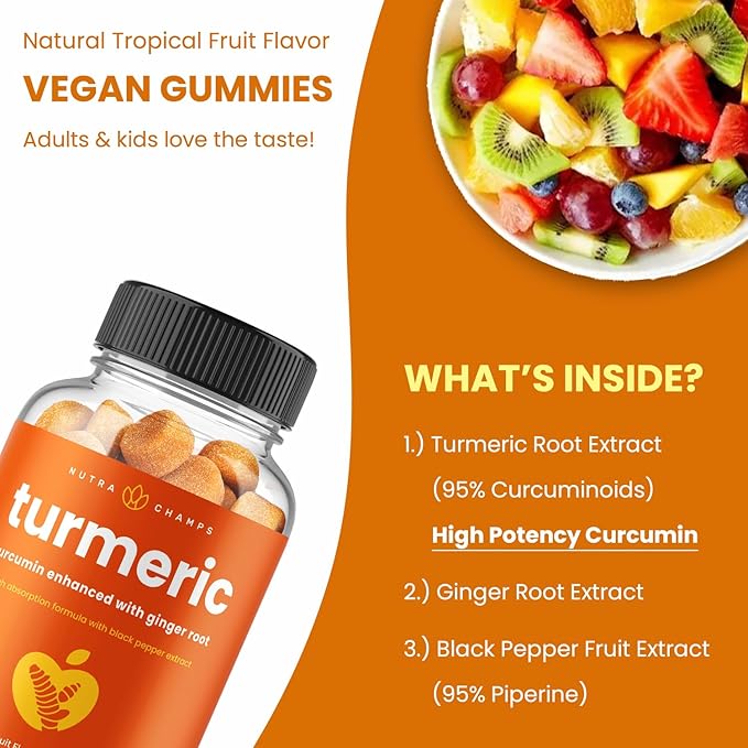 Turmeric Gummies for Adults & Kids with Ginger & Black Pepper Extract | 95% Curcuminoids | Vegan Natural Curcumin Joint Support Supplement | Tumeric Gummy Supplements