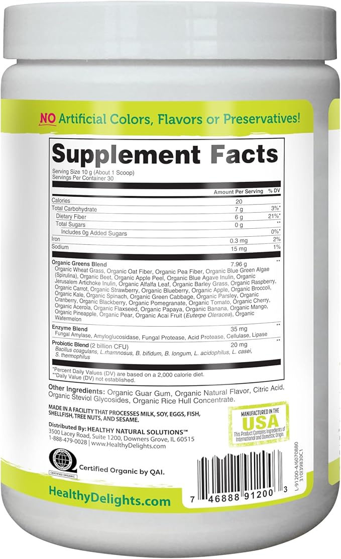 Healthy Delights Organic Greens Powder, Greens Powder with Fiber, Organic Greens Powder Superfood, Naturally Boost Energy, USDA Organic, Delicious Berry Flavored, 30 Servings (Packaging May Vary)