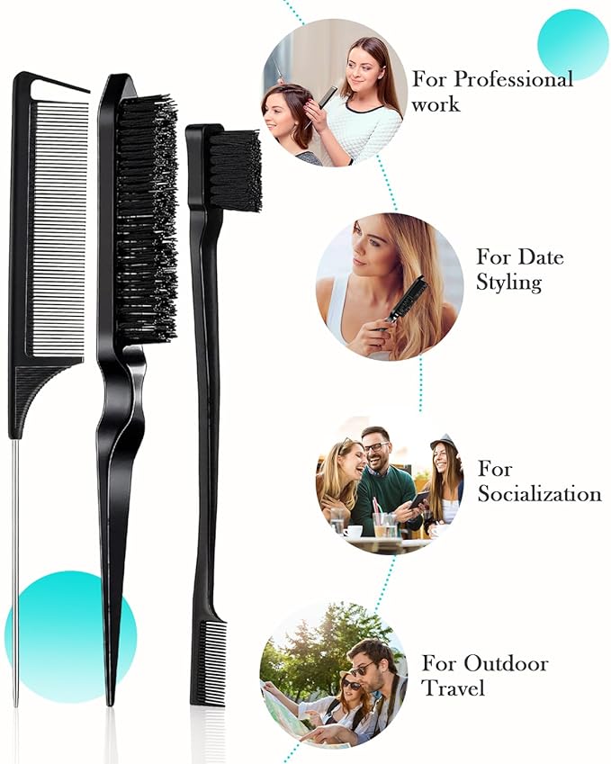 Hair Styling Brush Set - Slick Back Comb, Edge Control Brush, Rat Tail Comb for Smooth Styling, Frizz Taming, and Parting (3 Pieces)