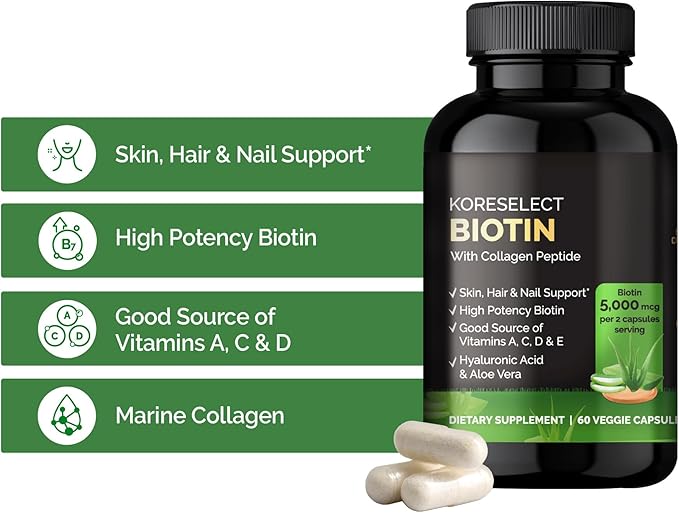Biotin Collagen Capsules 5000mg, with B7 and Multivitamins, Hyaluronic Acid, Aloe for Men & Women, Hair, Nail, Skin Care, 60 Capsules