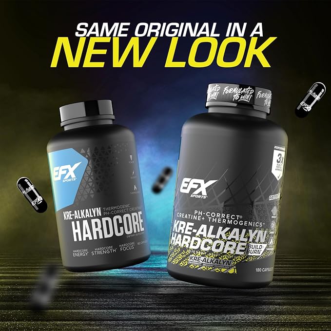 EFX Sports Kre-Alkalyn Hardcore | Thermogenic pH Correct Creatine Monohydrate Pill Supplement | Energy & Strength Pre Workout | 60 Servings, 180 Capsules