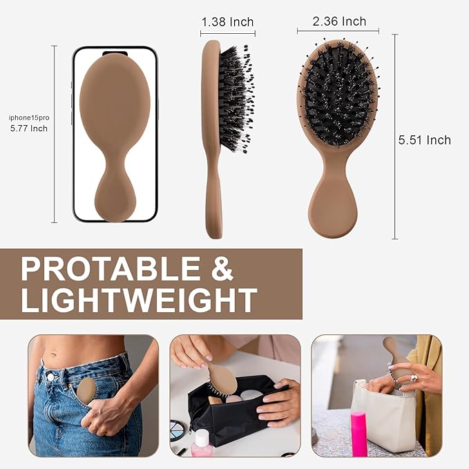 Mini Boar Bristles Hair Bursh, Travel Size Hair Brush for Women Men Kids, Protable Small Hair Brush for Pockets Purses, Mini Detangler Brush for Smooth Add Shine (1 Pack-Mocha)
