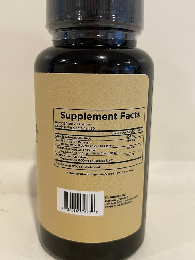 Organic Ashwagandha Root & Irish Sea Moss – 3,600 mg Ashwagandha Supplement with Black Seed Oil, & Burdock Root – Herbal Supplement for Energy, Stress Relief, Extra Strength, 60 Caps