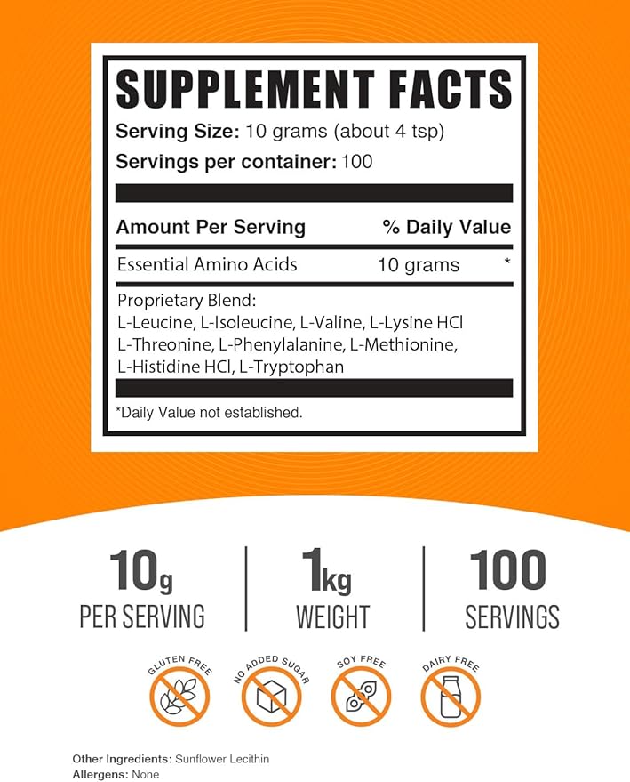 BulkSupplements.com Essential Amino Acids Powder - Essential Amino Acids Supplement, EAA Powder - Unflavored & Gluten Free, 10g of EAAs Amino Acids per Serving, 1kg (2.2 lbs) (Pack of 1)