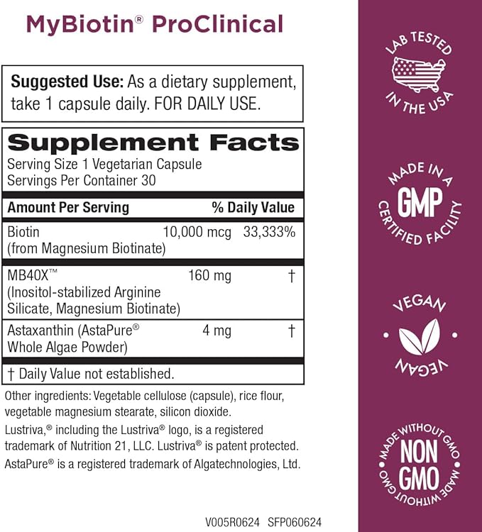 Purity Products MyBiotin ProClinical – Thicker Hair Starting in 3 Weeks & Fights Wrinkles - MB40X Patented Biotin Matrix w/Astaxanthin - 40X More Soluble vs Ordinary Biotin 90 Count