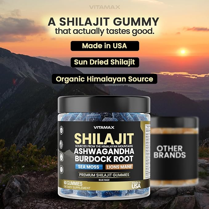 Organic Shilajit Gummies 1500mg, Sea Moss 200mg, Ashwagandha 500mg, 105+ Trace Minerals – Organic Burdock Root & Lions Mane Mushroom - Blue Razz – Vegan & Non-GMO – Made in USA – 60ct