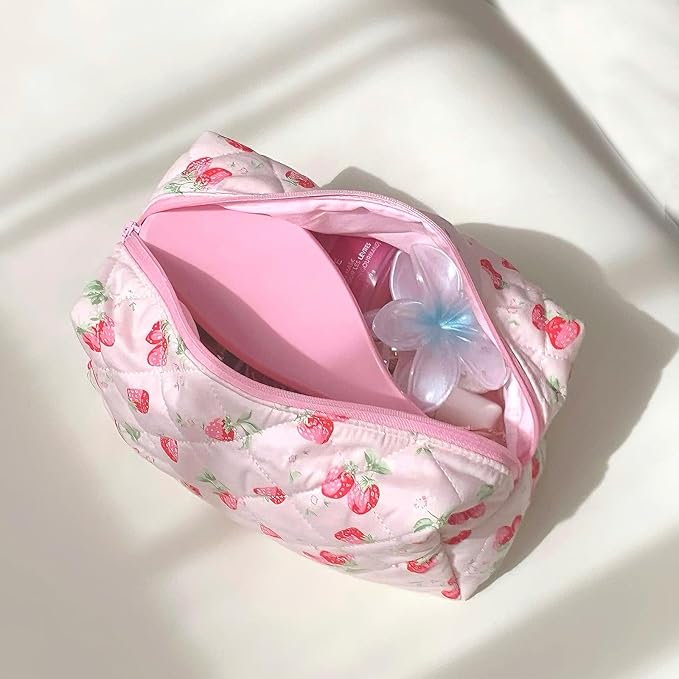 Cotton Quilted Makeup Bag, Cute Aesthetic Strawberry Pencil Case Pouch Toiletry Bag Cosmetic Bag Brush Organize for Girls Women,Strawberry me Up