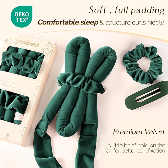 Yanibest Heatless Hair Curler for Overnight Curls, No Heat Damage Hair Curlers with Clips & Scrunchies for All Hair Types,Green