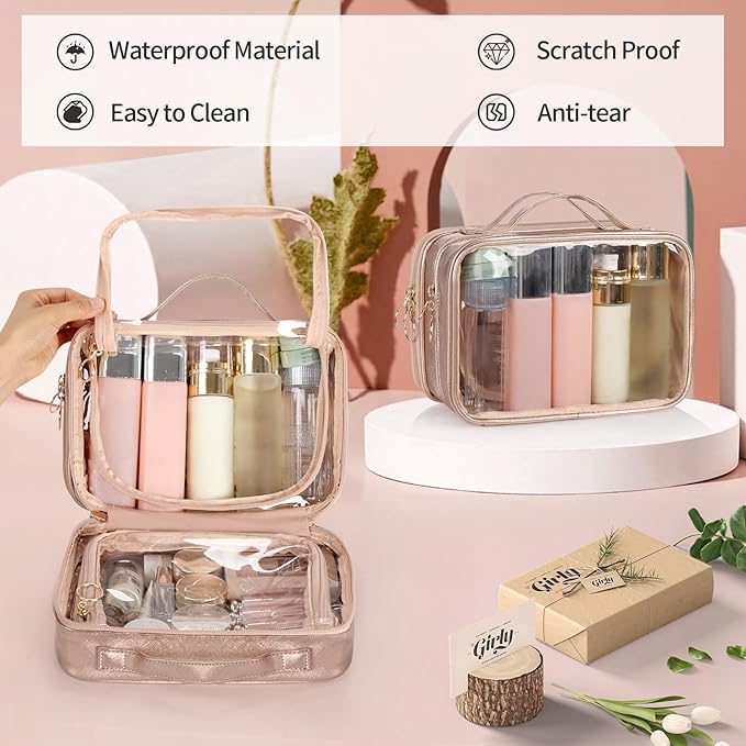 OCHEAL Makeup Bag, Double Layer Cosmetic Bag, Large Capacity New Look Clear Cosmetic Case for Women Travel Beauty Essentials, Multiple Compartments Makeup Case Organizer Zipper Pouch -Rose Glod