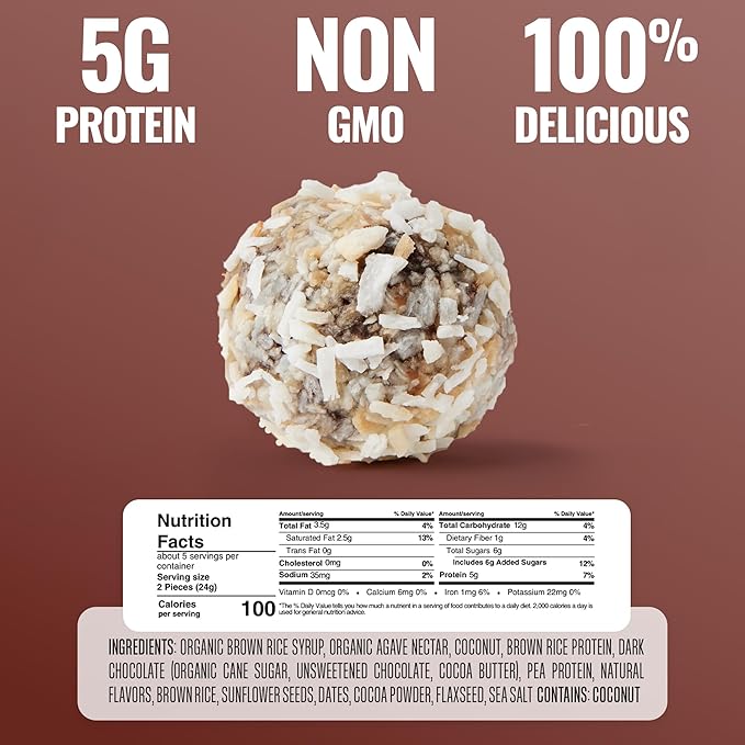 The Gluten Free Brothers Dark Chocolate Coconut Bites - Gluten Free Protein Balls – Non GMO, Soy Free, Vegan – Snack Size Plant Based Protein Energy Balls, 4 oz (6 Count)