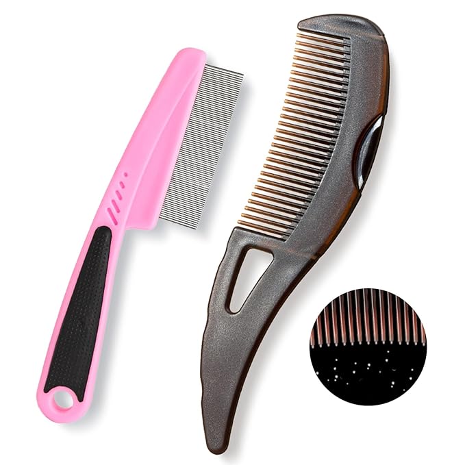 Dandruff Comb, Stainless Steel Fine Tooth Lice/Flea/Psoriasis Comb, Scalp Oil Buildup Removal Wide Hollow Tooth Button Hairbrush for Scalp Massage Care for Man Women and Kids (Pink)