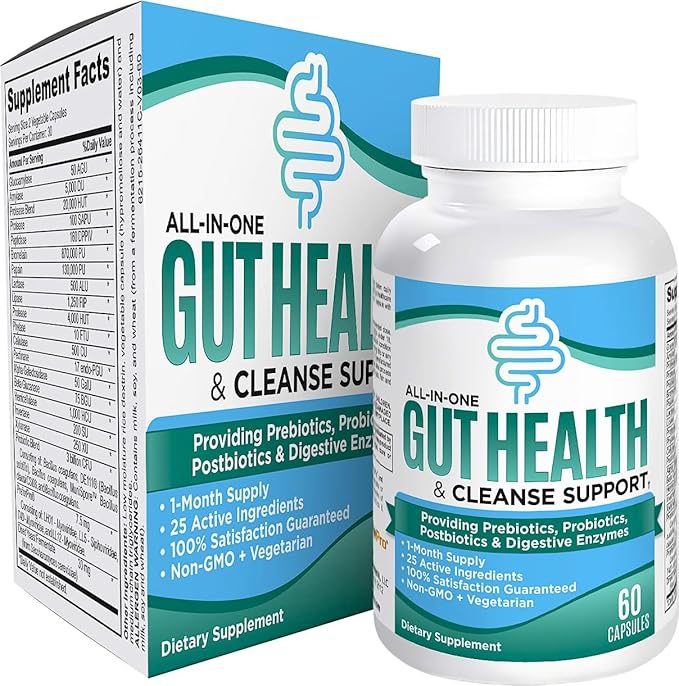 All-in-1 Gut Health & Cleanse Support Supplement with 25 Active Ingredients - Natural Gut Detox Supplements - 60 Capsules