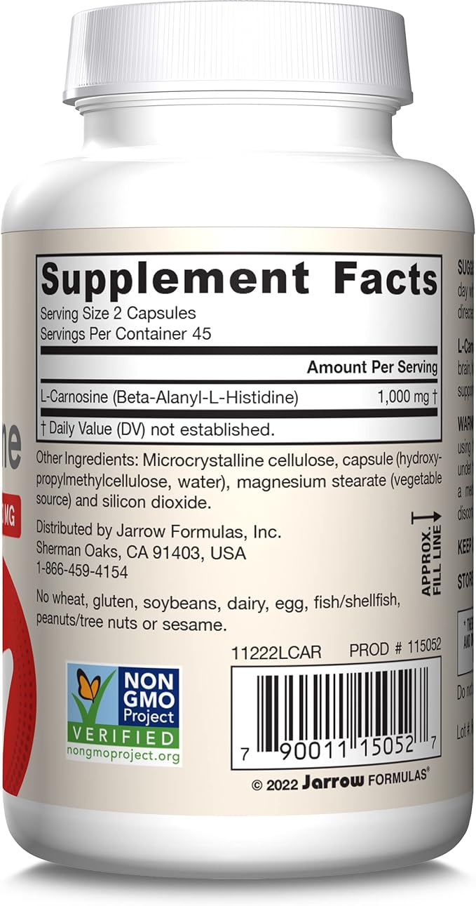 Jarrow Formulas L-Carnosine Dipeptide Antioxidant 1000 mg, Dietary Supplement, Antioxidant Support for Mitochondrial Health, 90 Veggie Capsules, Up to 45 Day Supply