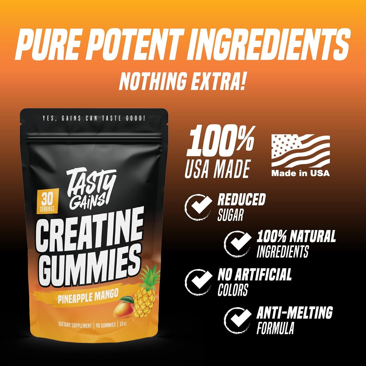 Creatine Gummies - 90g of Creatine Monohydrate - Workout Supplements - Build Muscle & Boost Strength for Men & Women - Made in USA - Non GMO - Vegan Friendly (Large, Pineapple Mango)