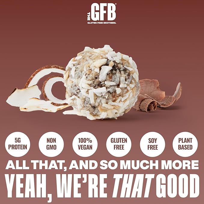 The Gluten Free Brothers Dark Chocolate Coconut Bites - Gluten Free Protein Balls – Non GMO, Soy Free, Vegan – Snack Size Plant Based Protein Energy Balls, 4 oz (6 Count)