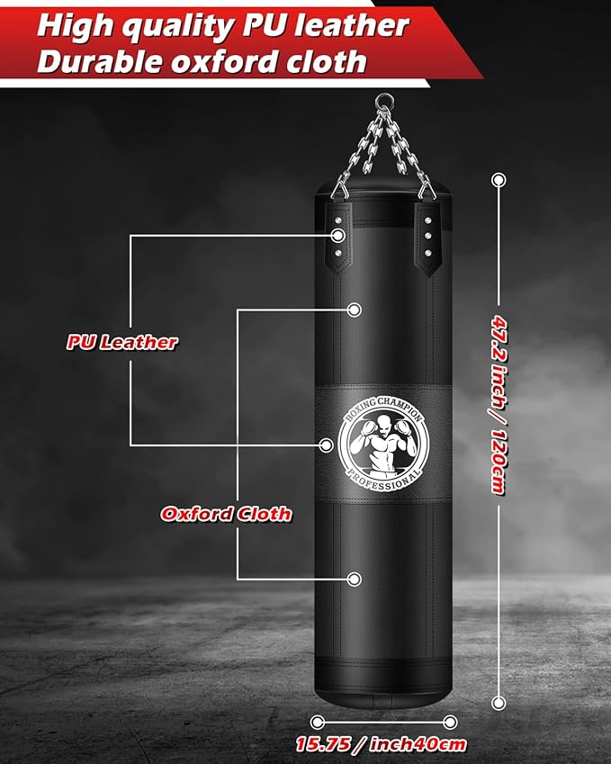 Punching Bag for Adults, 4FT PU Heavy Boxing Bags with Chain Ceiling Hook, Hanging Boxing Bag for Kickboxing Muay Thai Karate Judo Taekwondo Home Gym Training, Unfilled