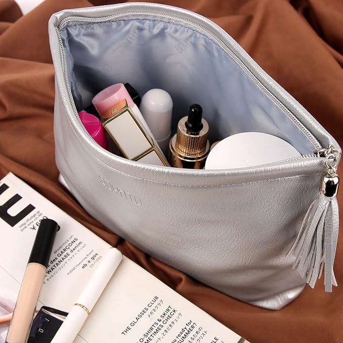 BOYATU Makeup Pouch Small Cosmetic Bag: Cute Pouches for Purse with Tassel - Letter Makeup Bags - Valentine's Day Gifts for Teen Girl (07-Leather Silver)
