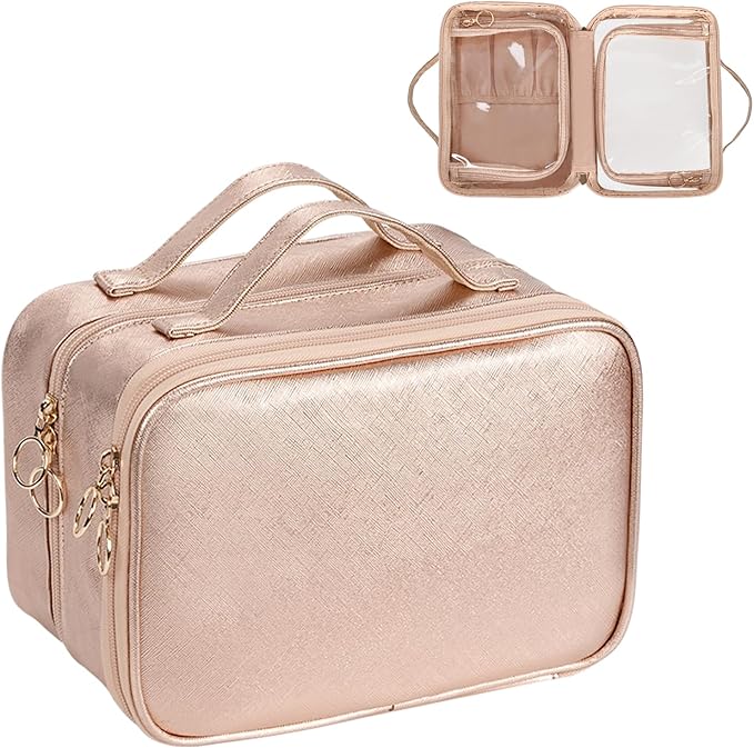 OCHEAL Makeup Bag, Double Layer Cosmetic Bag, Large Capacity New Look Clear Cosmetic Case for Women Travel Beauty Essentials, Multiple Compartments Makeup Case Organizer Zipper Pouch -Rose Glod