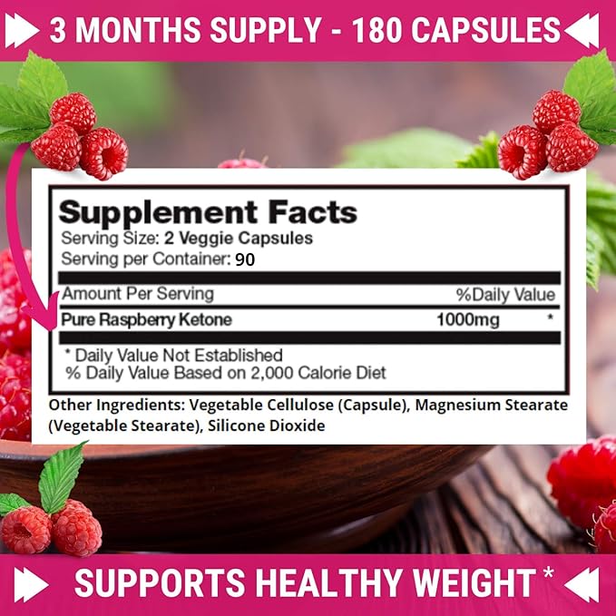 FRESH HEALTHCARE Pure 100% Raspberry Ketones Max 1000mg Per Serving - 3 Month Supply Non GMO - Advanced Weight Loss Support - 180 Capsules