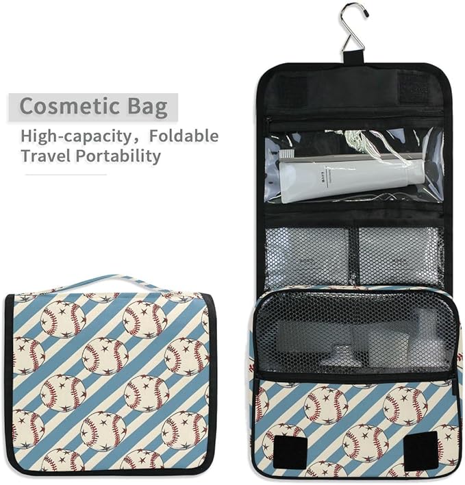 senya Hanging Travel Toiletry Bag Kit Boys Makeup Case Cosmetics Organizer for Men Women (Baseball Balls Star Blue Stipes)