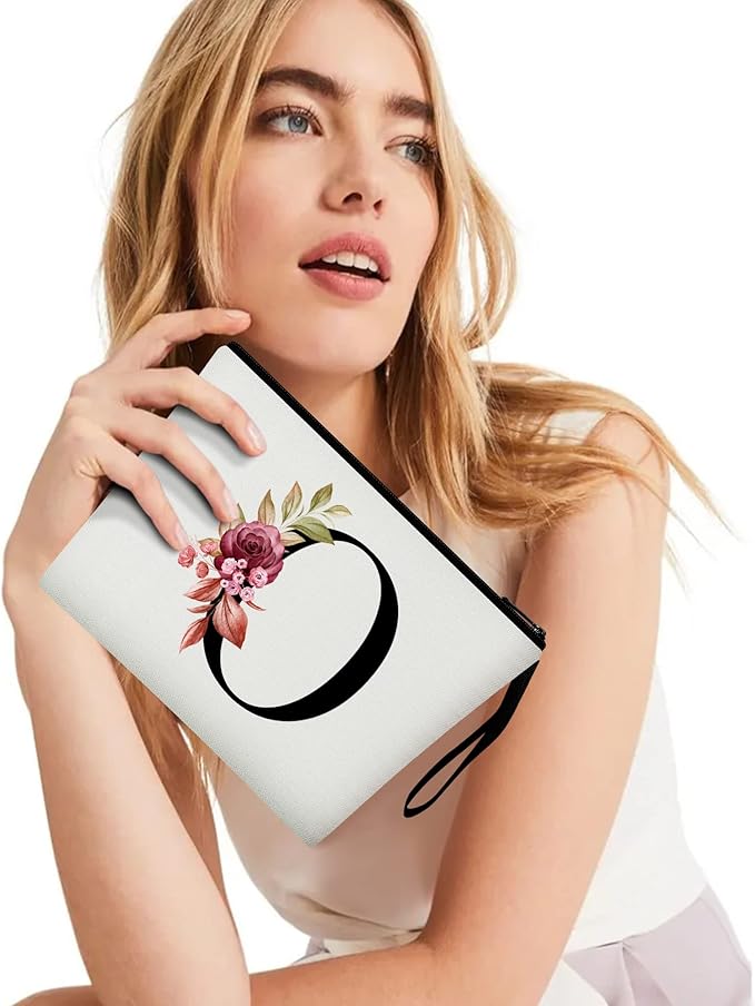Vavabox A-Z Personalized Makeup Bag, Birthday Gifts for Women Mom, Gifts for Best Friend, Bride Bridesmaid Cosmetic bag (O, White)
