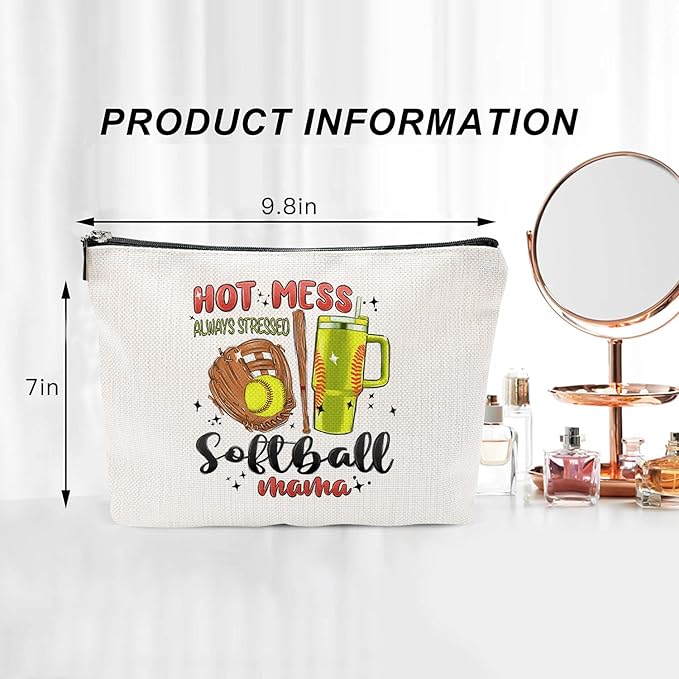 Hot Mess Always Stressed Softball MAMA Canvas Makeup Bag - Softball Accessories for Team Inspirational Gift for Softball Lovers Party Favors Stuff